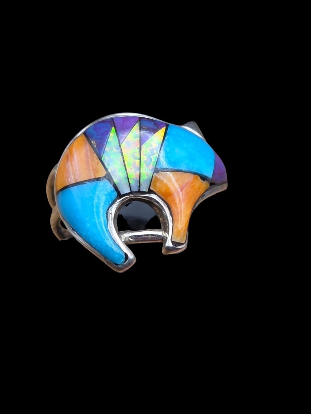 Sterling Silver Zuni-Style Inlay Bear Ring, Turquoise & Sugilite, Sz 5.5
